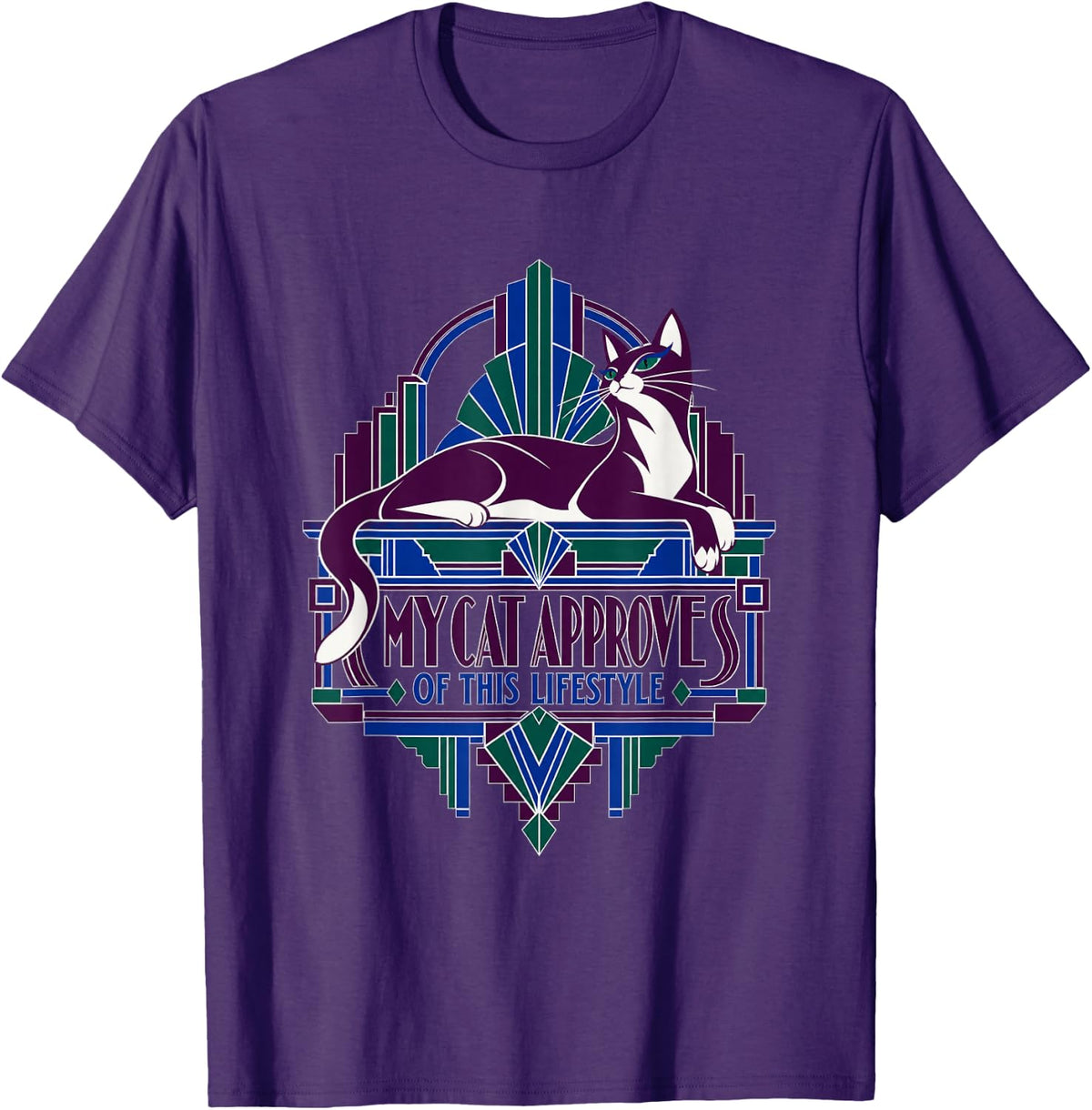 Art Deco Cat Lifestyle Emblem T-Shirt - Purple