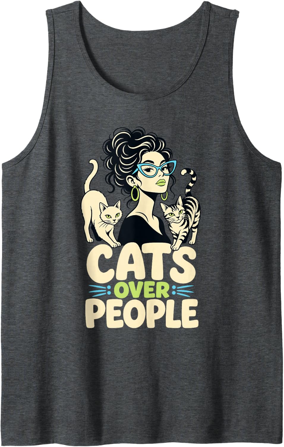 Cats Over People Funny Cat Mom Retro Glasses Sleeveless Tank Top - Dark Heather Grey