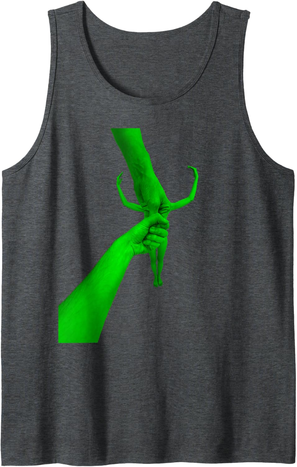 Abstract Surrealist Funny Green Interlocking Hands Meme Art Tank Top - Dark Heather Grey