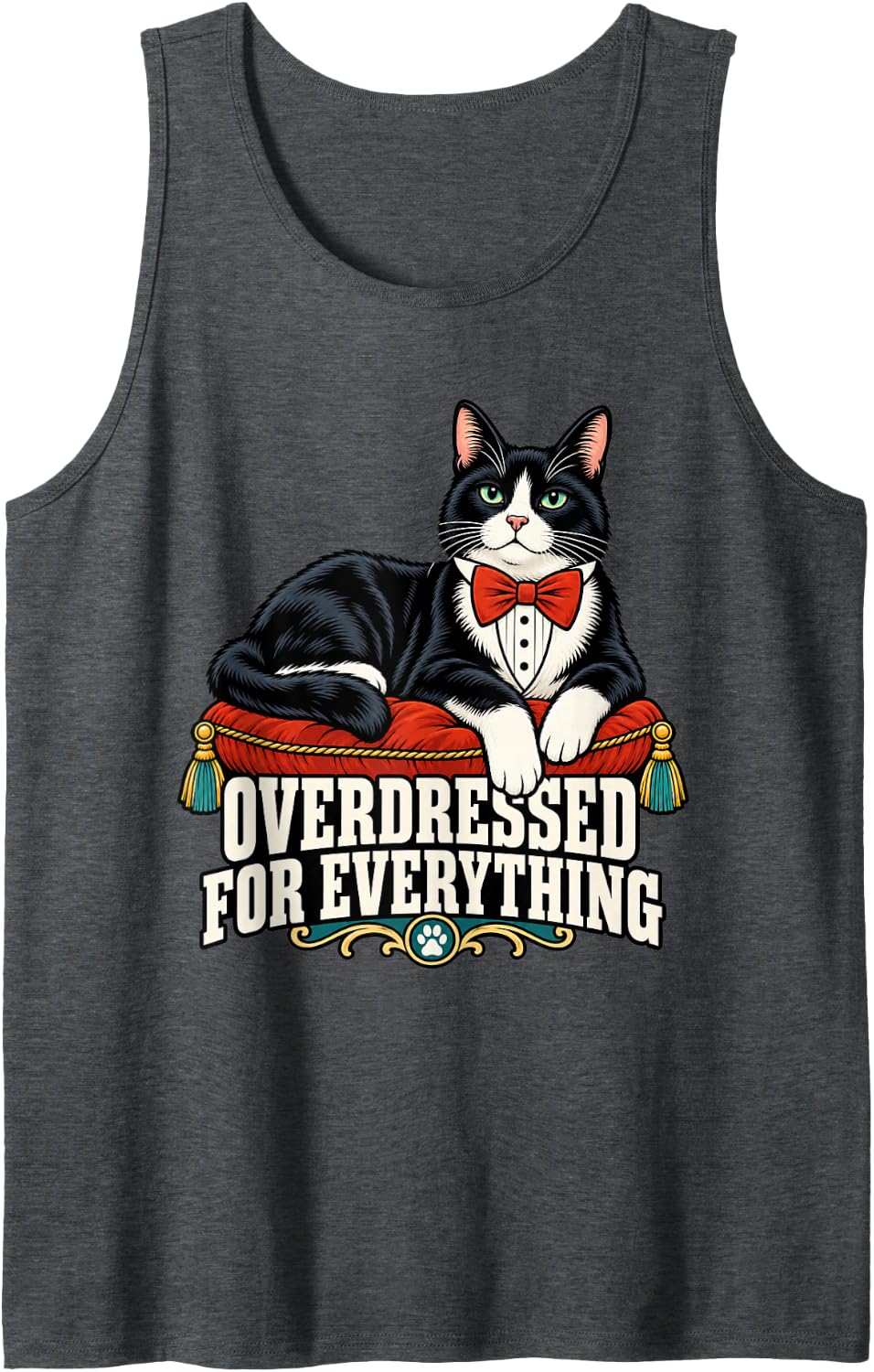Tuxedo Cat Overdressed for Everything Kitty Dad Funny Owner Sleeveless Tank Top - Dark Heather Grey