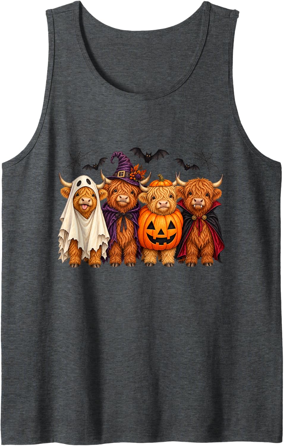 Halloween Highland Cows Ghost Vampire Witch & Pumpkin Sleeveless Tank Top - Dark Heather Grey