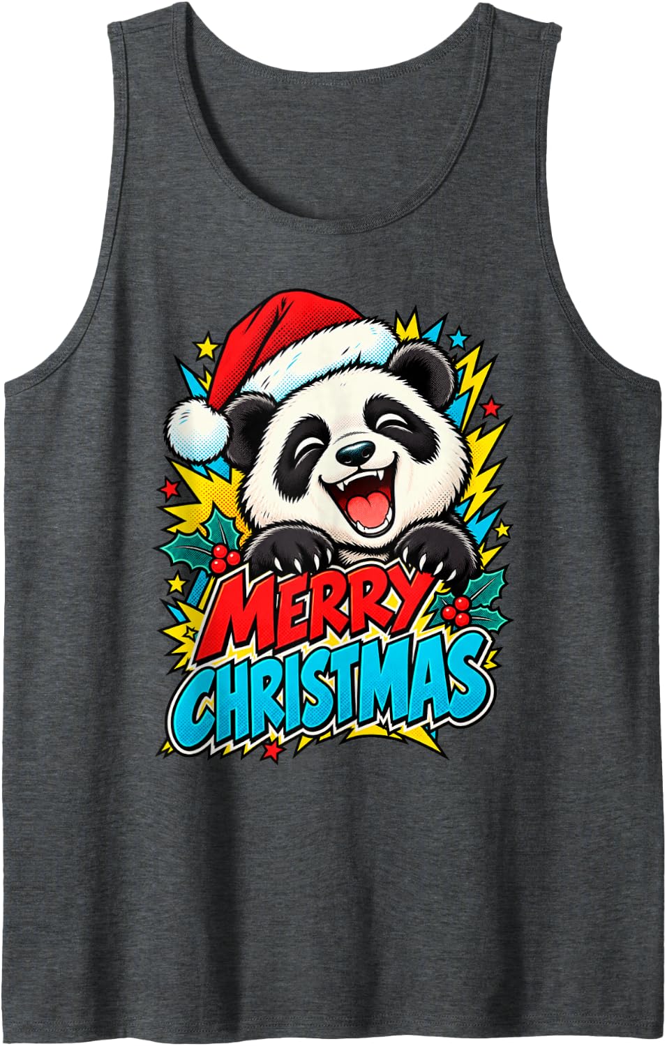 Merry Christmas Smiling Panda Pop Art Santa Men Women Kids Sleeveless Tank Top - Dark Heather Grey