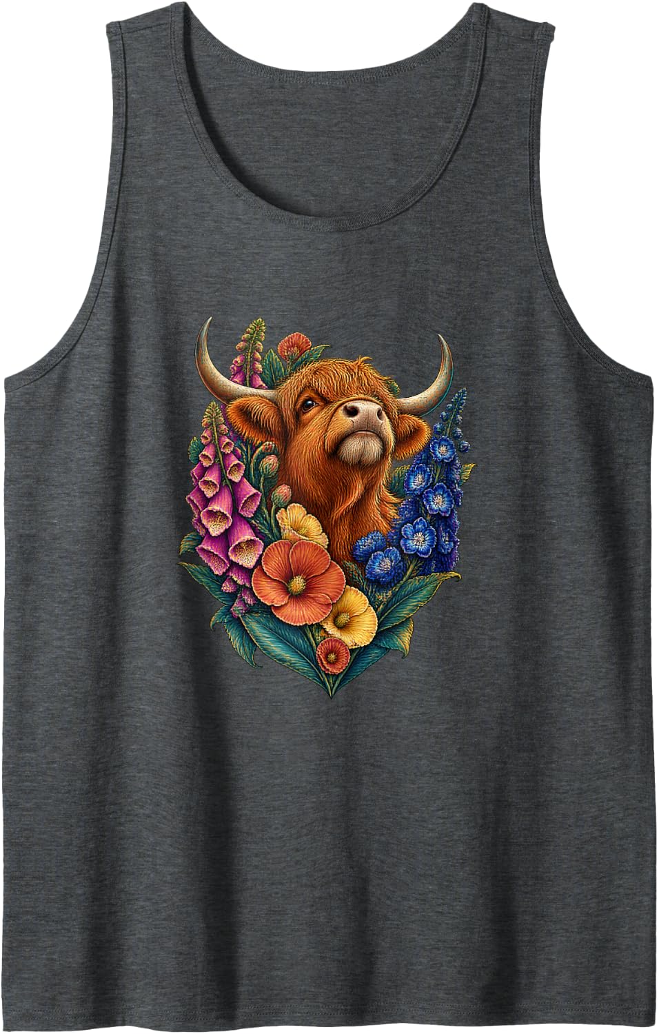 Highland Cow Hollyhock Poster Art Sleeveless Tank Top - Dark Heather Grey