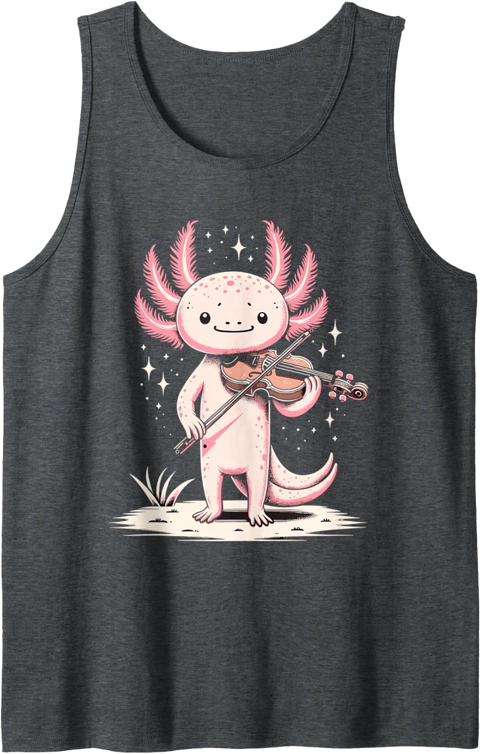 Cute Axolotl Playing Violin for Violinist Musical Orchestra Sleeveless Tank Top - Dark Heather Grey