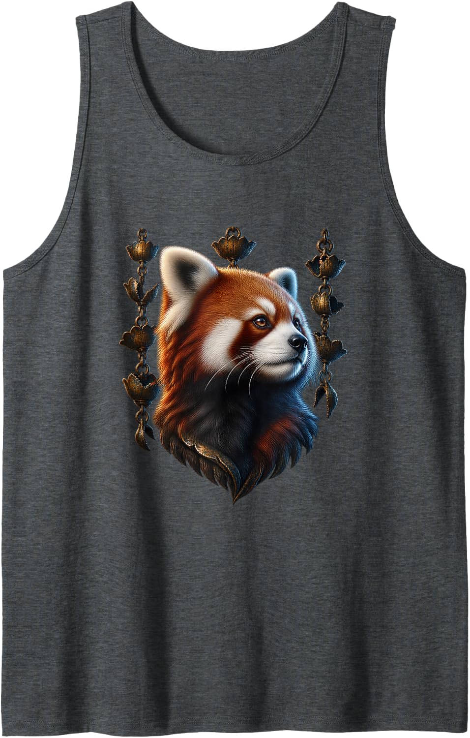 Red Panda with Bronze Rain Chains Forest Art Sleeveless Tank Top - Dark Heather Grey