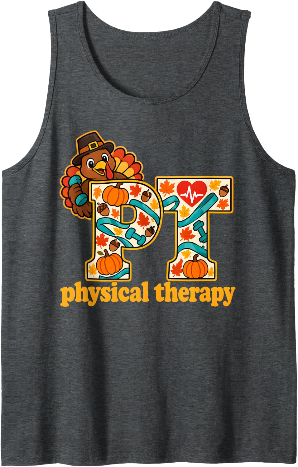 Physical Therapy Thanksgiving Turkey Pumpkin Fall PT Women Sleeveless Tank Top - Dark Heather Grey