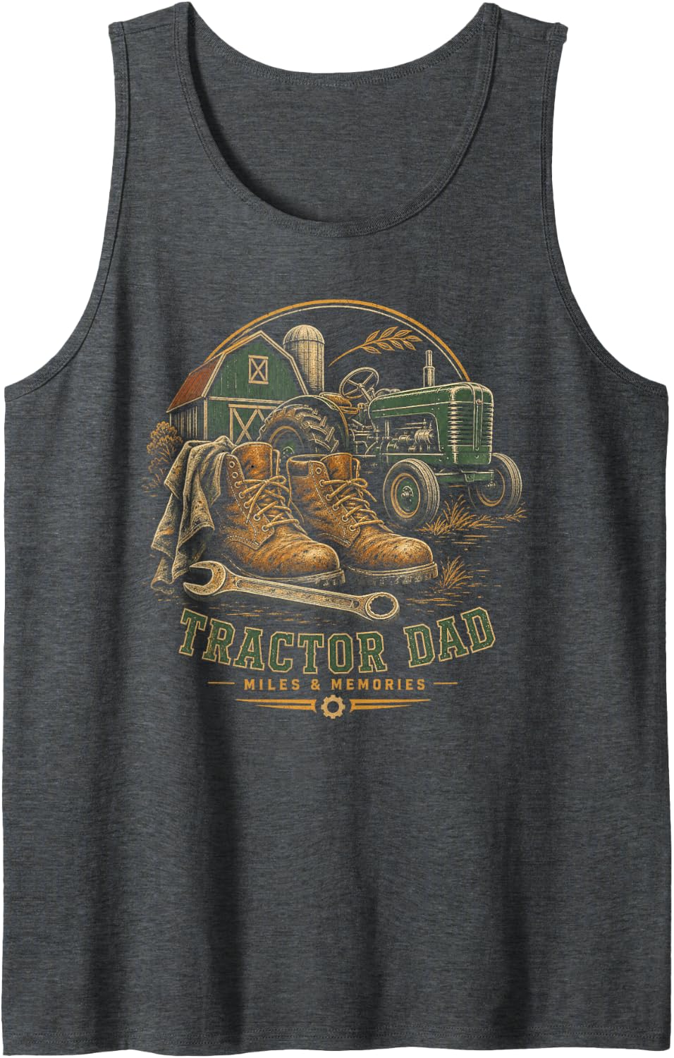 Men's Tractor Dad Miles and Memories Father Farm Sleeveless Tank Top - Dark Heather Grey