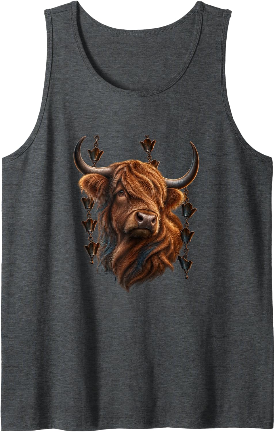 Highland Cow with Amber Lantern Chains Rustic Animal Art Sleeveless Tank Top - Dark Heather Grey
