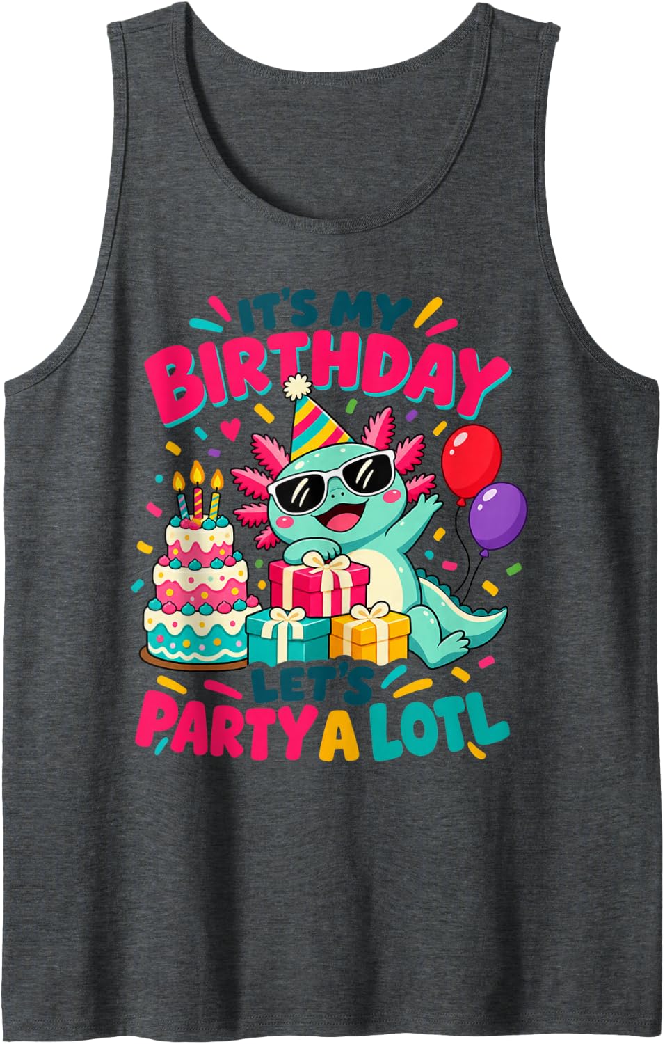 Kawaii Axolotl Birthday Celebration Sleeveless Tank Top - Dark Heather Grey