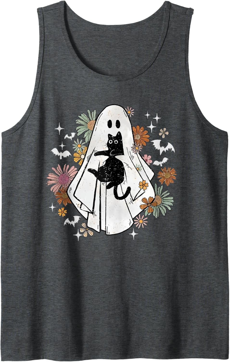 Spooky Ghost Holding Black Cat Groovy Floral Halloween Goth Tank Top - Dark Heather Grey