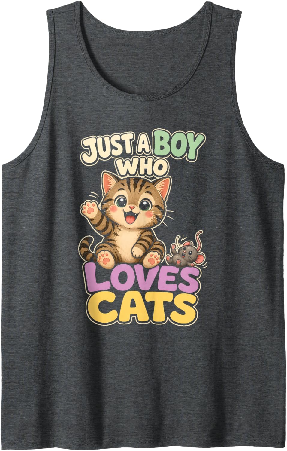Cat Lover Just a Boy Who Loves Cats Kawaii Tabby Kitten Sleeveless Tank Top - Dark Heather Grey