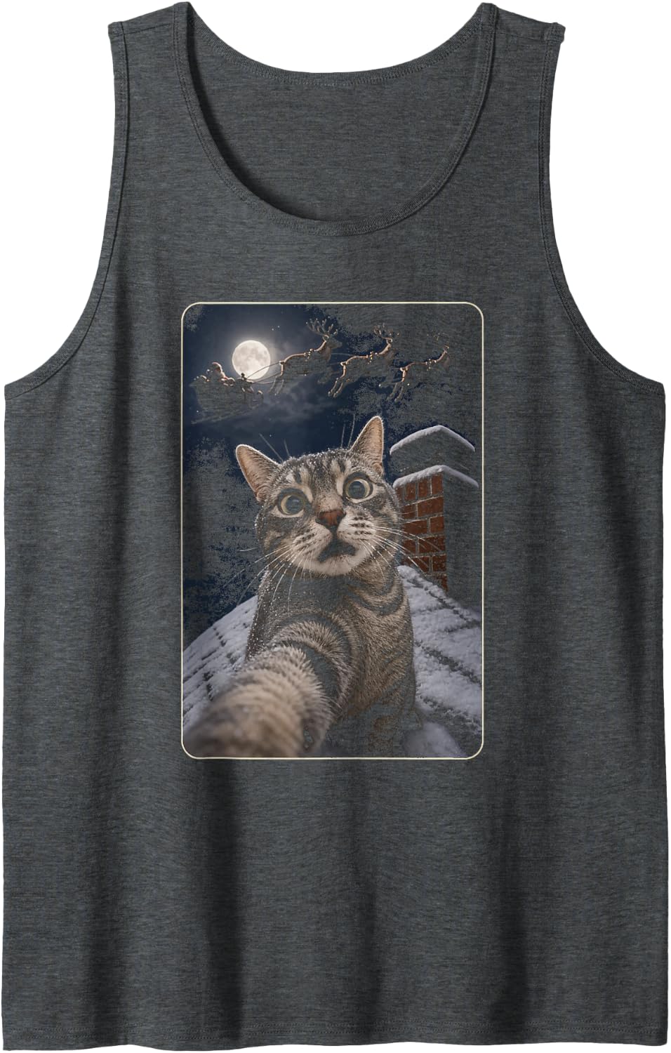 Funny Christmas Cat Selfie Santa Sleigh Reindeer Tabby Sleeveless Tank Top - Dark Heather Grey