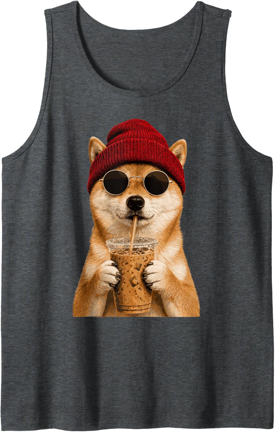 Shiba Inu Dog Hipster Iced Coffee Funny Shiba Inu Sleeveless Tank Top - Dark Heather Grey