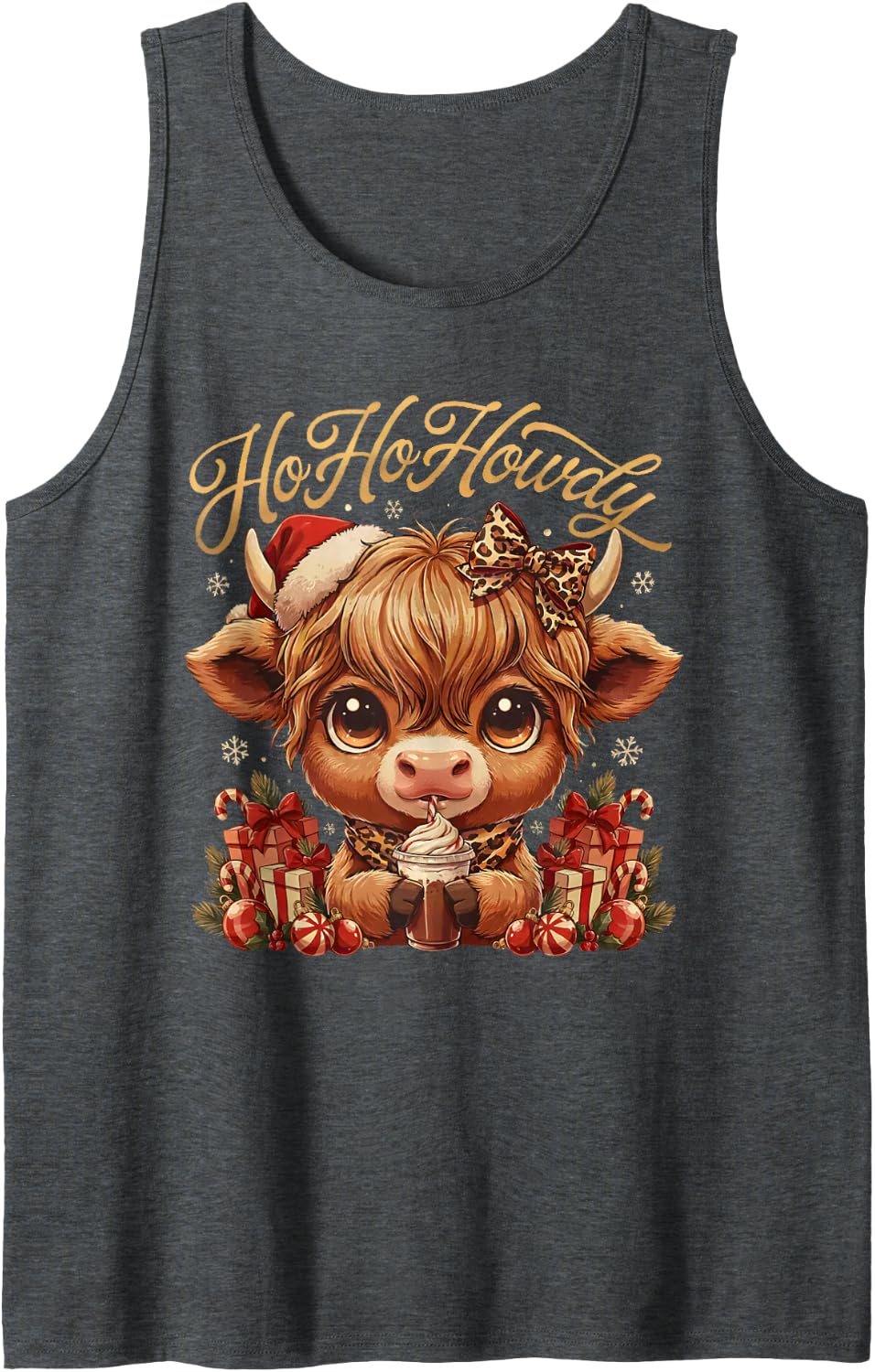 Ho Ho Howdy Highland Cow Christmas Candy Canes Leopard Bow Sleeveless Tank Top - Dark Heather Grey