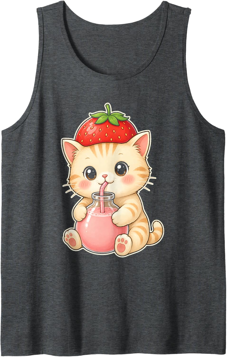 Cute Cat Art Kawaii Kitten Strawberry Milk Cream Tabby Sleeveless Tank Top - Dark Heather Grey