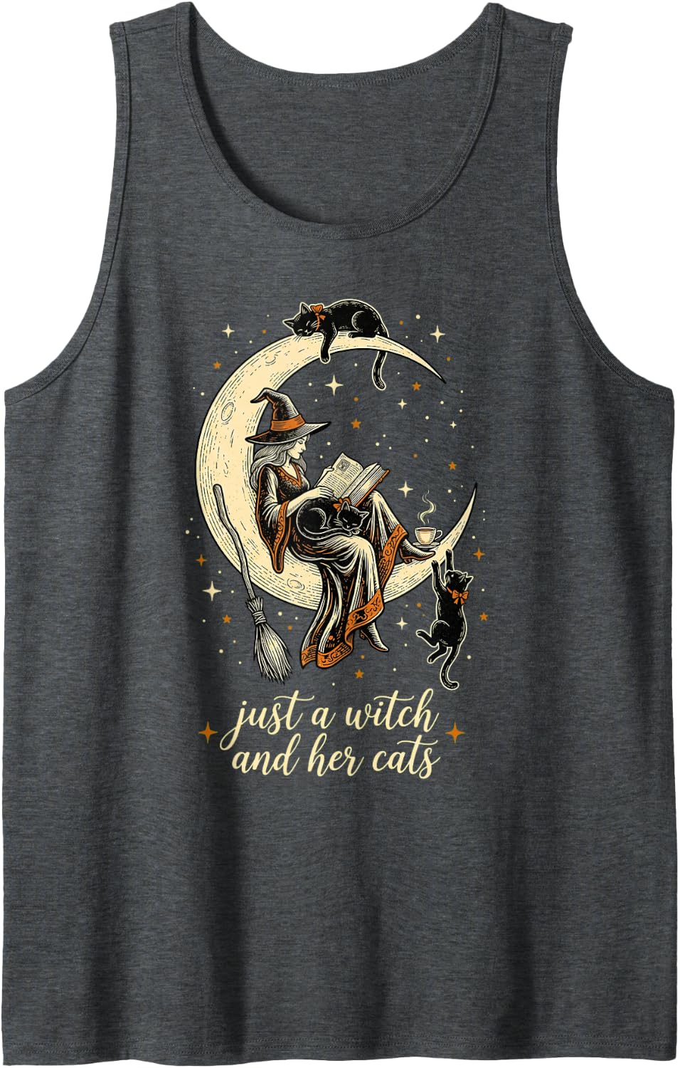 Just a Witch and Her Cats Witchy Crescent Moon Reading Women Sleeveless Tank Top - Dark Heather Grey