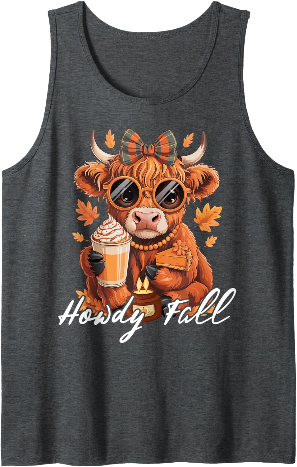 Howdy Fall Highland Cow Pumpkin Spice Autumn Sleeveless Tank Top - Dark Heather Grey