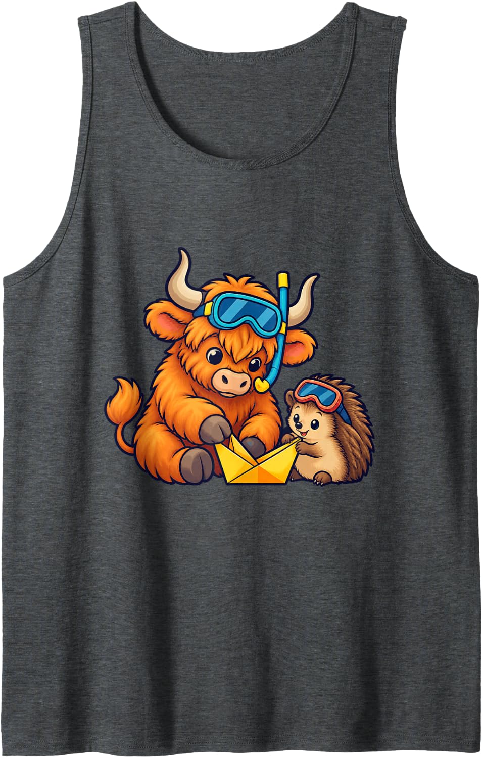 Calm Highland Cow Folds One Little Paper Boat with a Young Sleeveless Tank Top - Dark Heather Grey