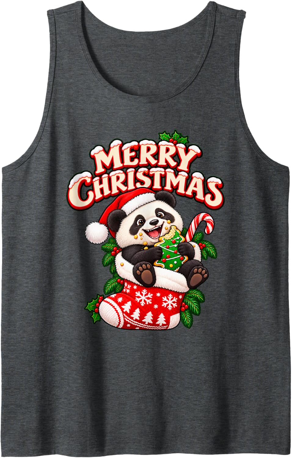 Merry Christmas Happy Panda Cute Stocking Funny Sleeveless Tank Top - Dark Heather Grey