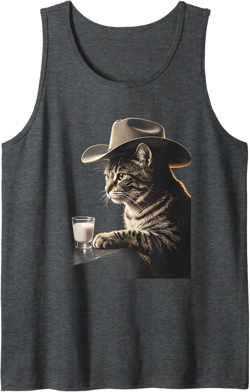 Funny Cowboy Cat Western Tabby with Milk At Bar Sleeveless Tank Top - Dark Heather Grey