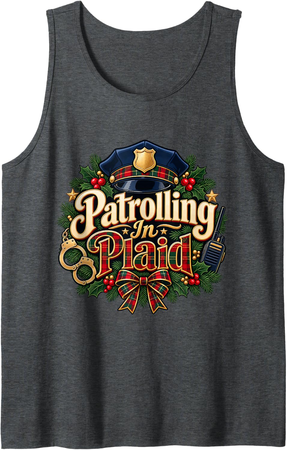 Christmas Police Officer - Patrolling in Plaid Sleeveless Tank Top - Dark Heather Grey