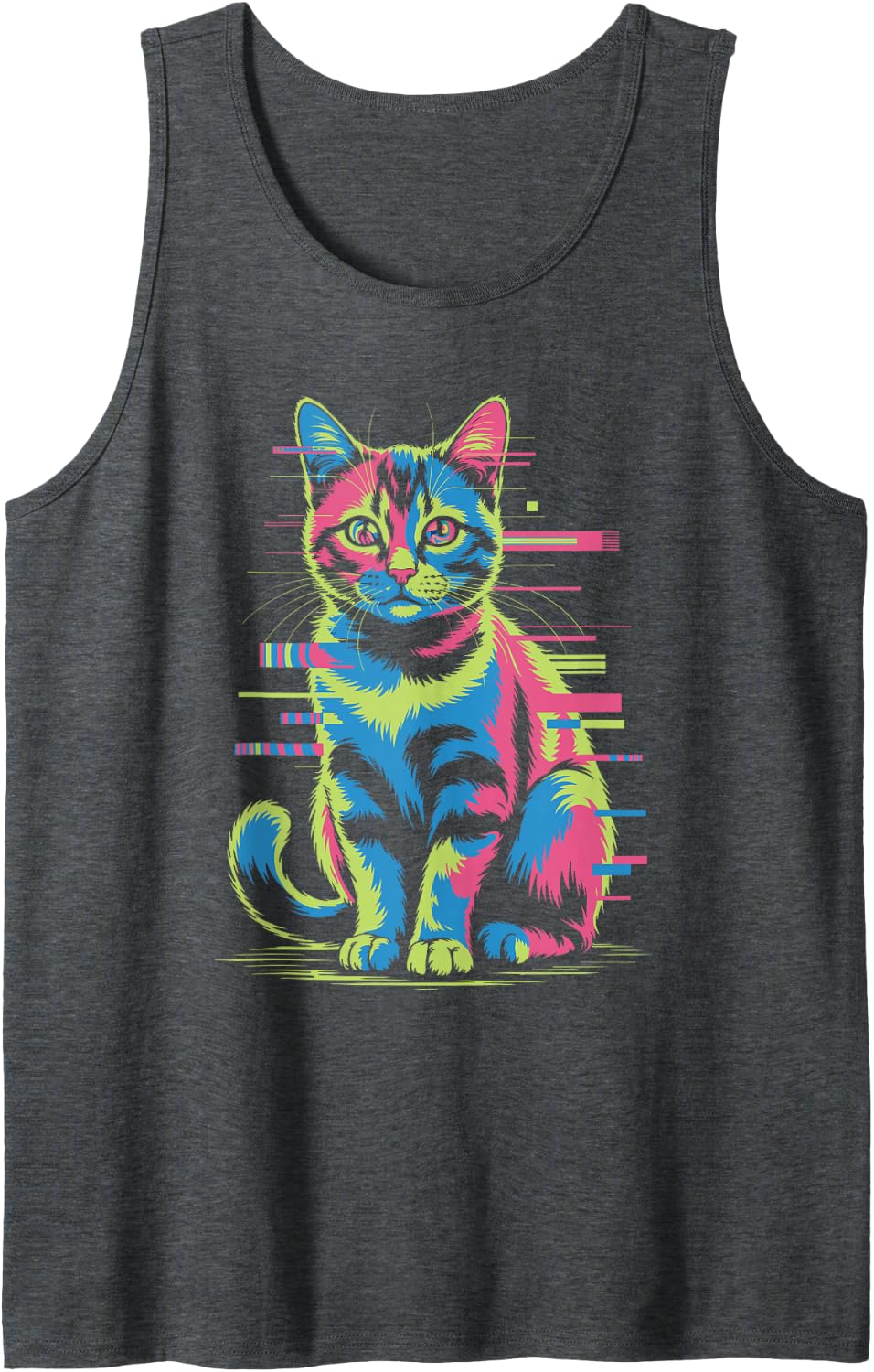 Cyber Cat Glitch Aesthetic Tank Top - Dark Heather Grey