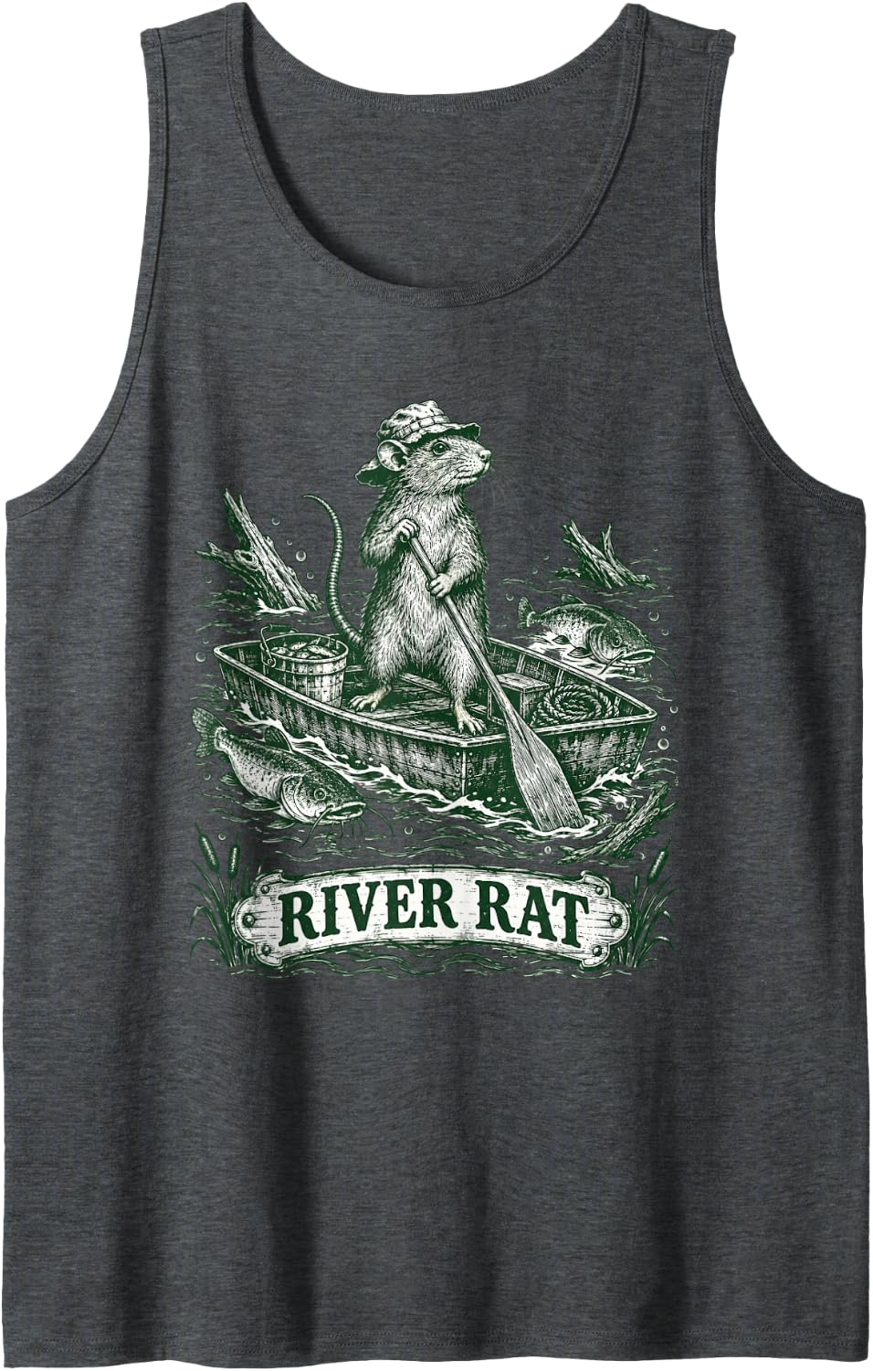 River Rat Rowing Boat Fishing Scene Sleeveless Tank Top - Dark Heather Grey