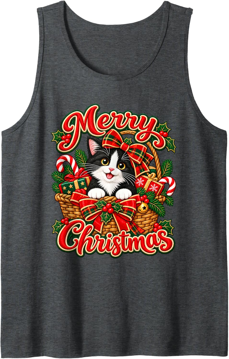 Merry Christmas Cheerful Cat Plaid Bow Sleeveless Tank Top - Dark Heather Grey