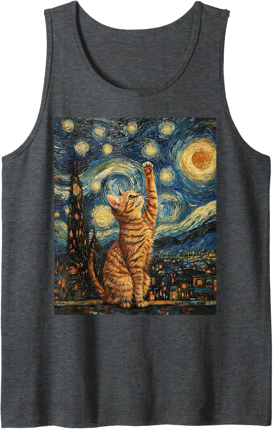 Cat Van Gogh Style Starry Night Art Funny Graphic Sleeveless Tank Top - Dark Heather Grey