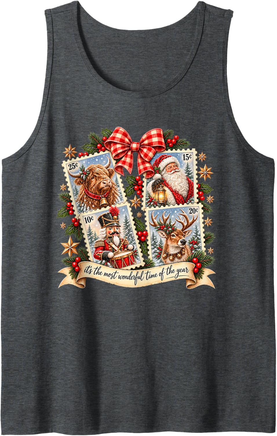 Christmas Highland Cow Santa Reindeer Nutcracker Xmas Sleeveless Tank Top - Dark Heather Grey