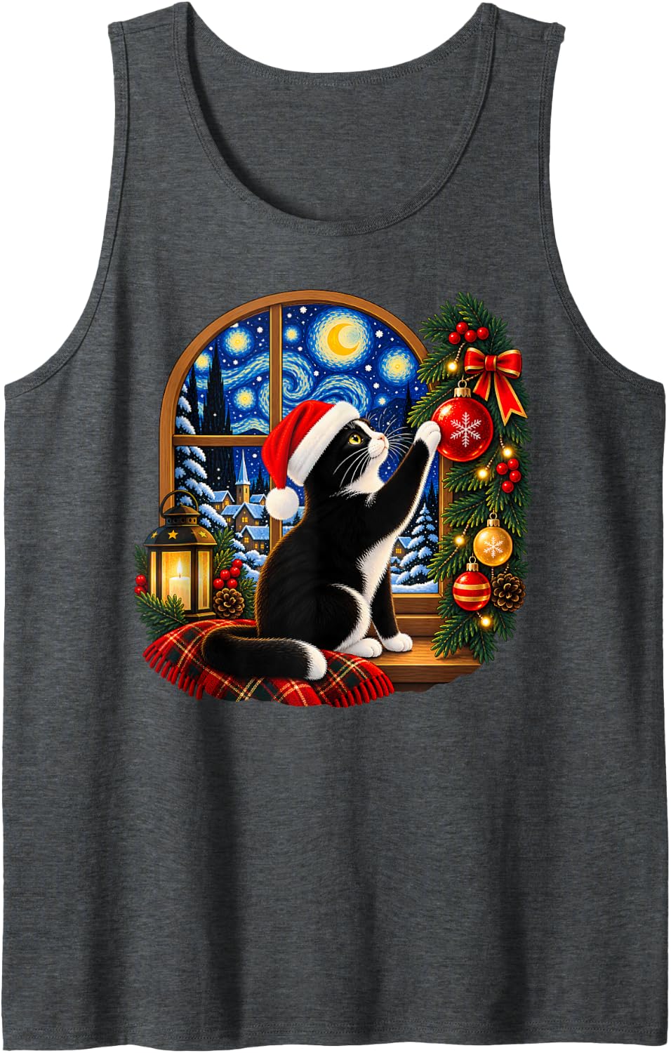 Tuxedo Cat Christmas Ornament Starry Winter Window Sleeveless Tank Top - Dark Heather Grey