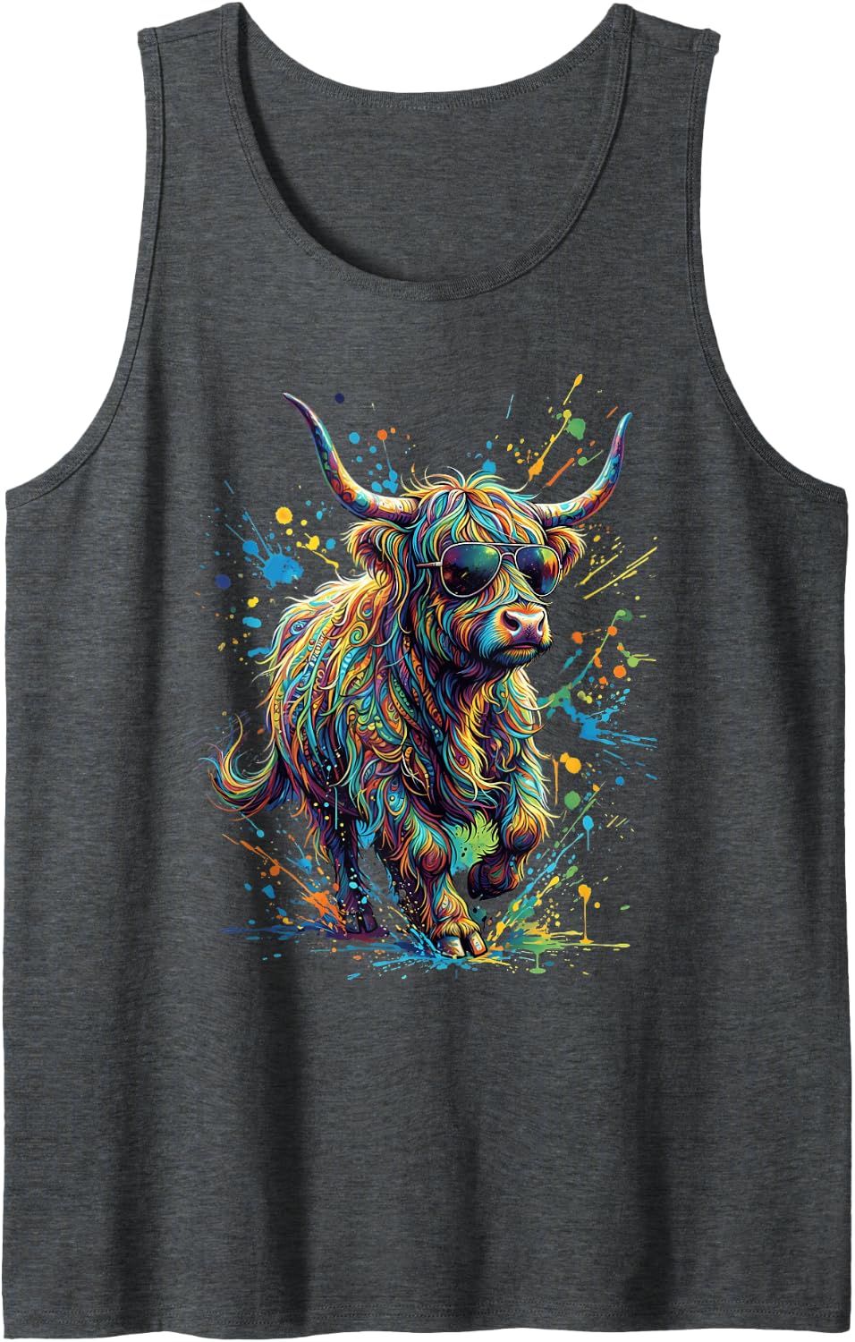 Highland Cow Graphic Scottish Highlander Cow Sleeveless Tank Top - Dark Heather Grey