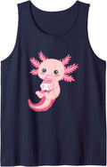 Cute Kawaii Axolotl Drinking Strawberry Milk Sleeveless Tank Top - Navy Blue