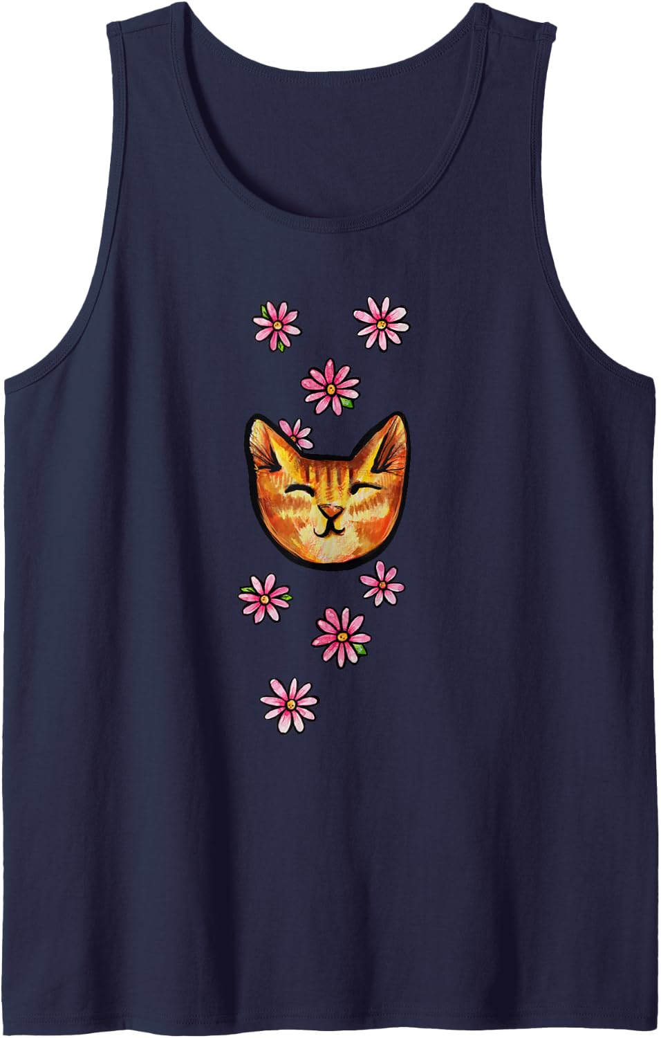 Orange Kitty Cat Pink Daisy Art Fun Orange Tabby Sleeveless Tank Top - Navy Blue