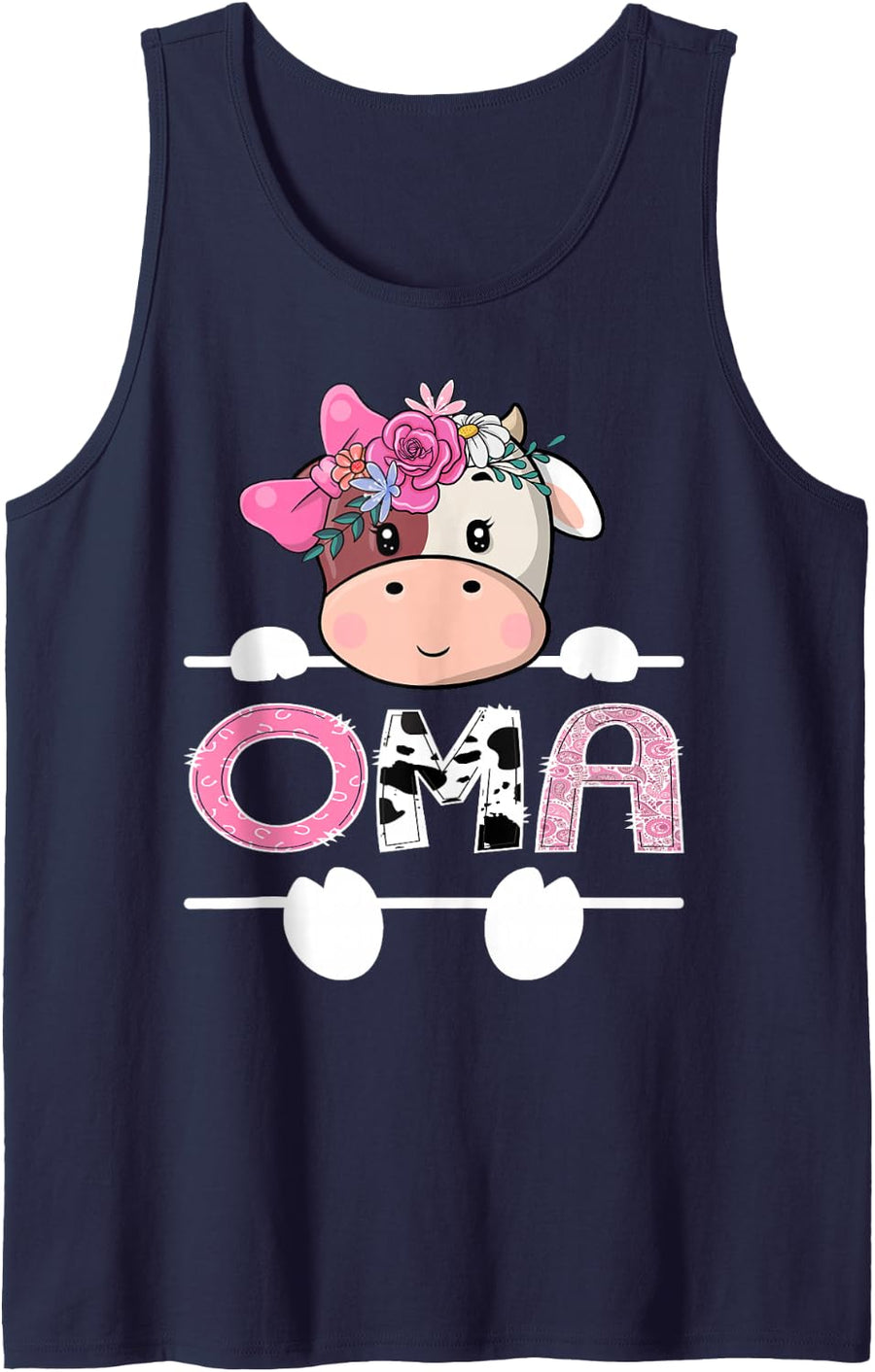 Oma of The Birthday Girl Pink Cute Cow Matching Sleeveless Tank Top - Navy Blue
