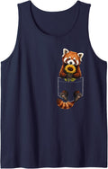 Red Panda Pocket Holding Sunflower Animal Lover Sleeveless Tank Top - Navy Blue