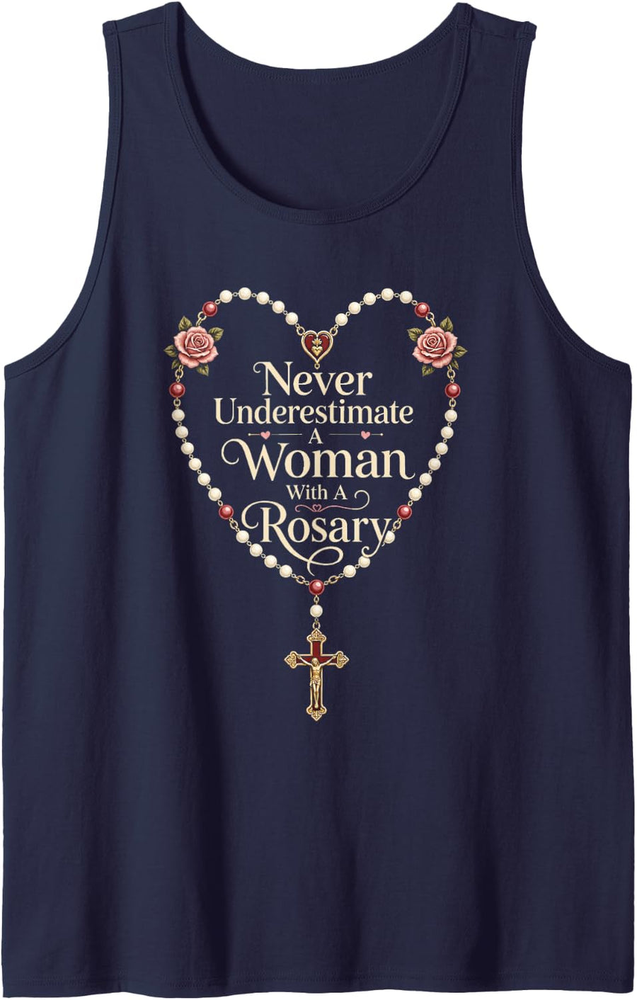Catholic Sacred Heart Never Underestimate Woman with Rosary Sleeveless Tank Top - Navy Blue