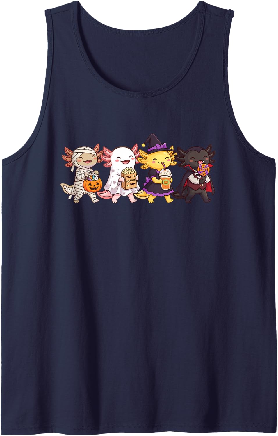 Cute Halloween Axolotl Mummy Ghost Witch Vampire Kawaii Sleeveless Tank Top - Navy Blue