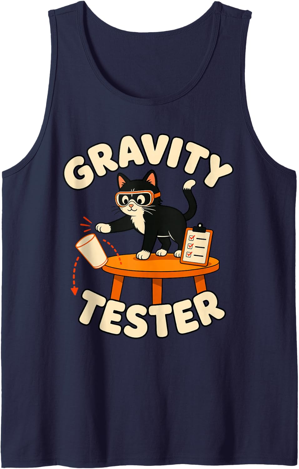 Gravity Tester Tuxedo Cat Funny Science Sleeveless Tank Top - Navy Blue