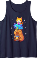 Capybara Axolotl Cat Kawaii Anime Boba Bubble Tea Tank Top - Navy Blue