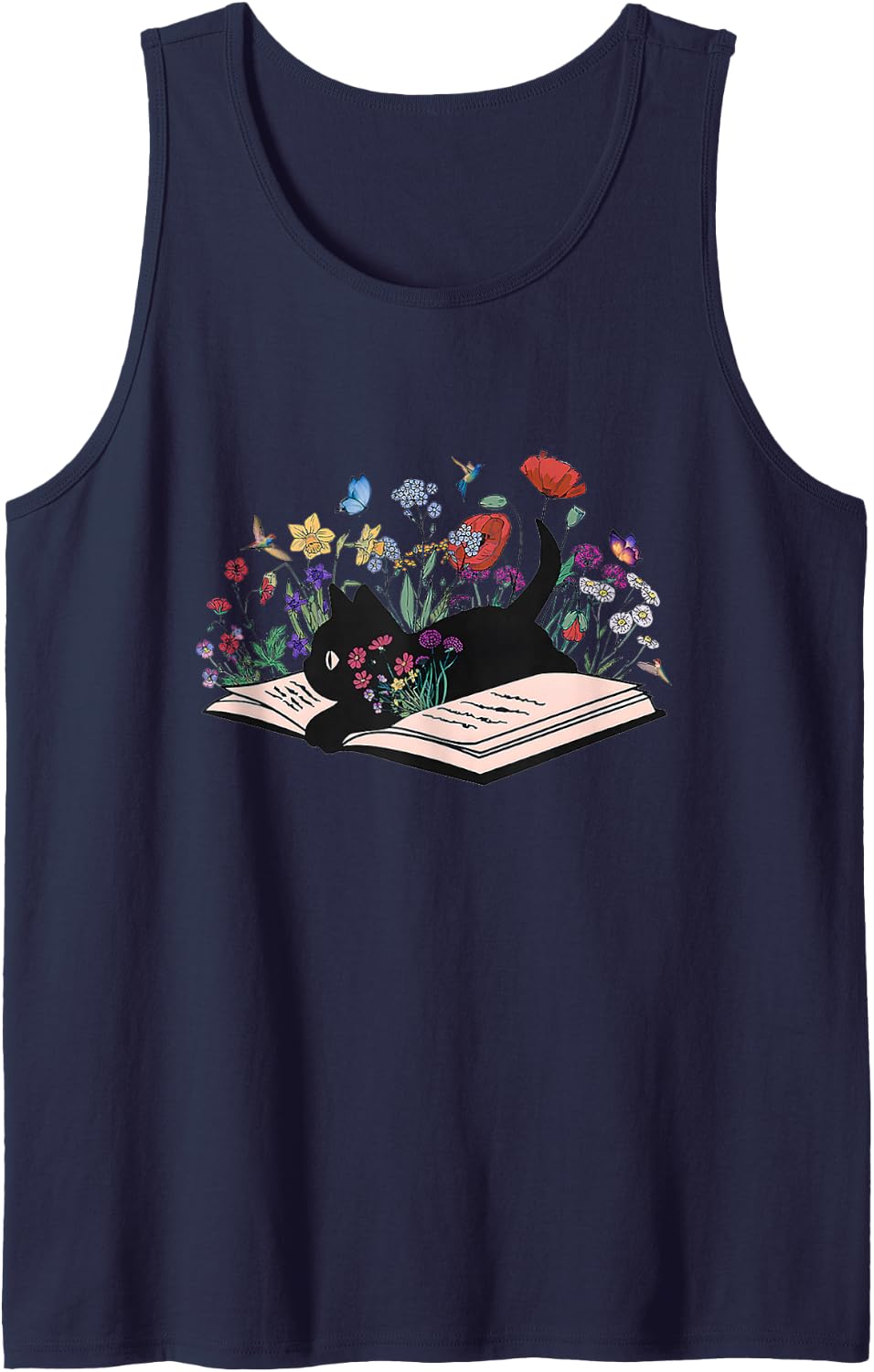 Floral Black Cat Book Cute Cat Mom for Women Book Lover Sleeveless Tank Top - Navy Blue