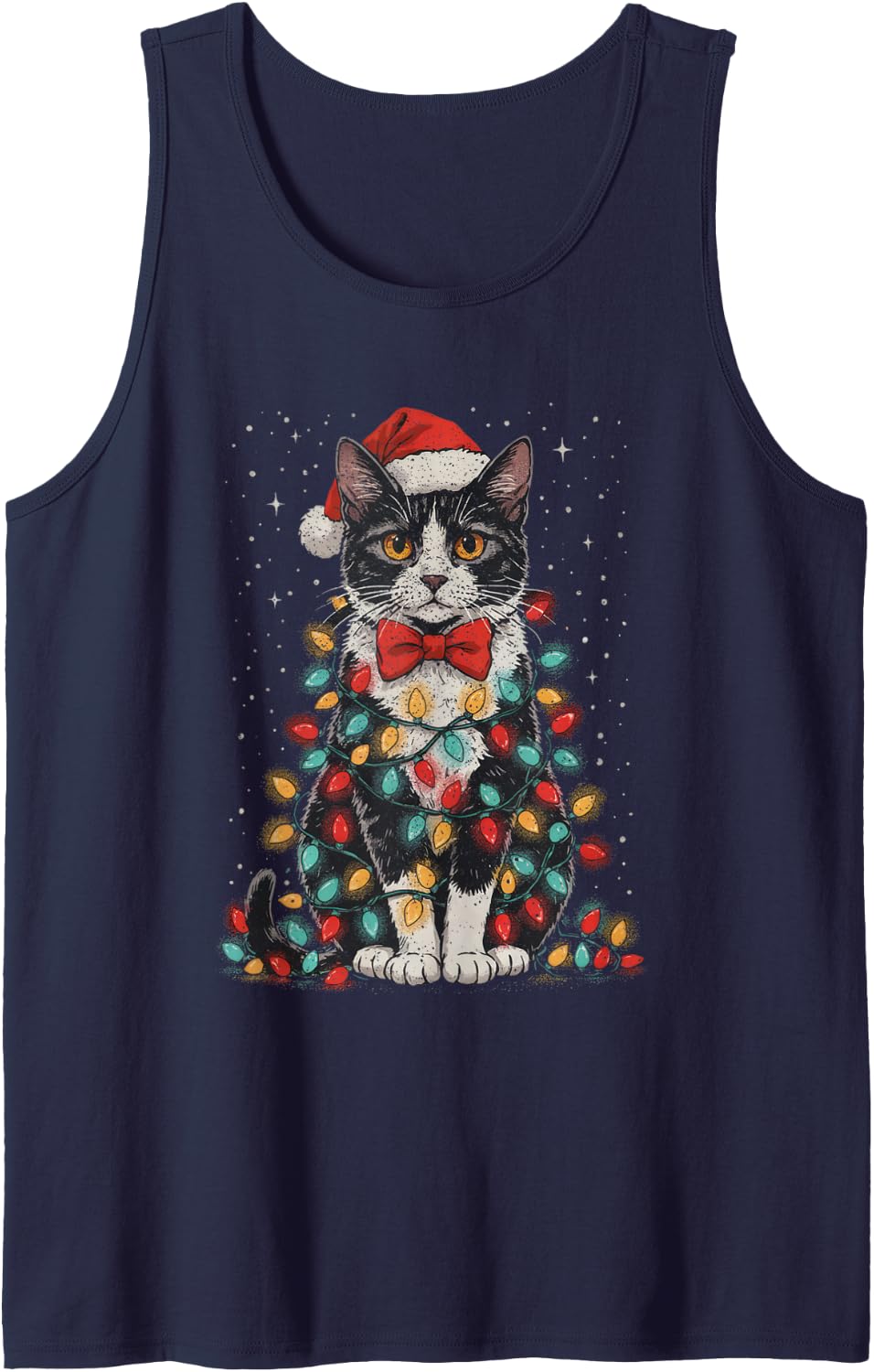 Tuxedo Kitten Santa Cat and Christmas Lights Tank Top - Navy Blue