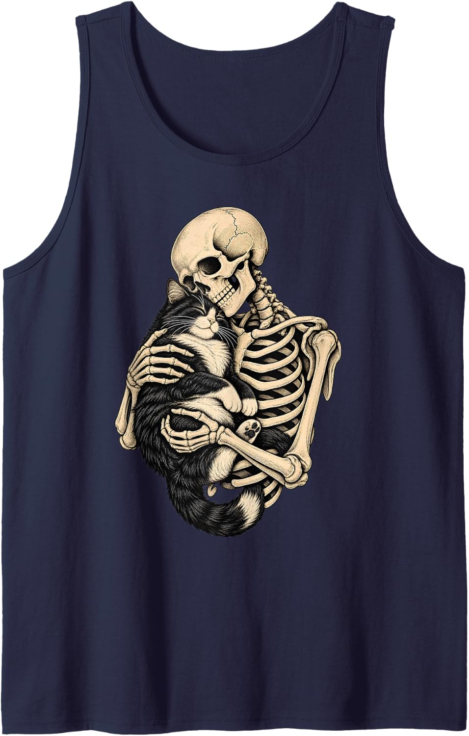 Skeleton Hugging Tuxedo Cat Lover Halloween Costume Tank Top - Navy Blue