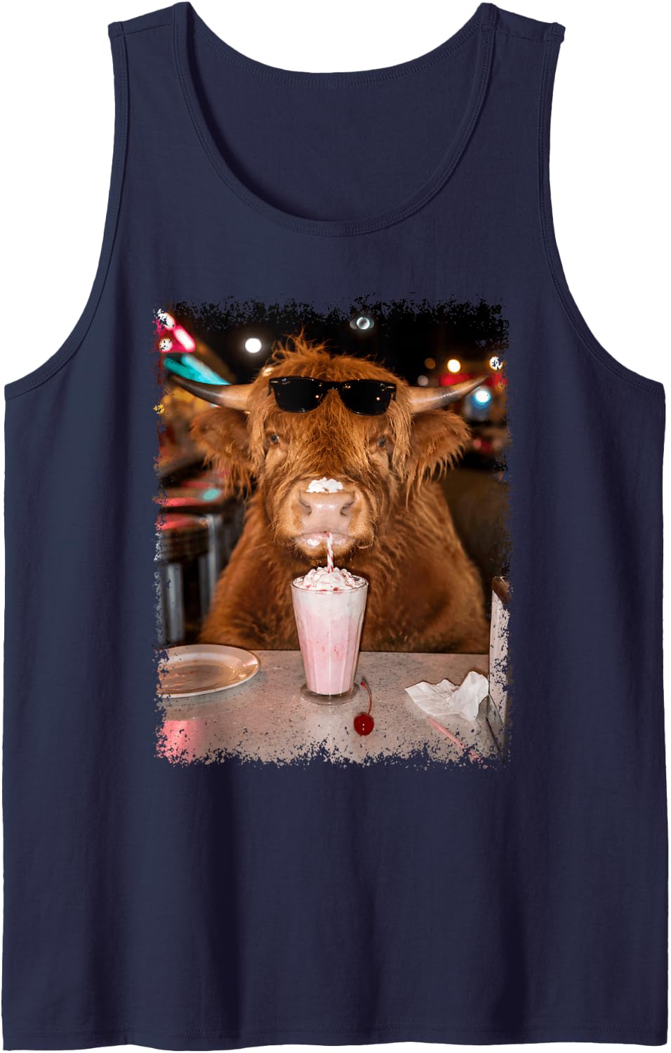 Highland Cow Drinking Milkshake Funny Animal Meme Photo Tank Top - Navy Blue