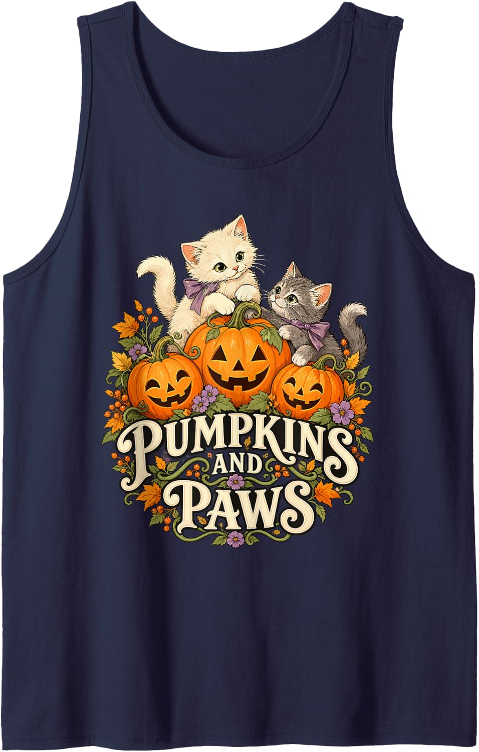Cute Kittens Pumpkin Cat Lover Cat Mom Fall Halloween Sleeveless Tank Top - Navy Blue