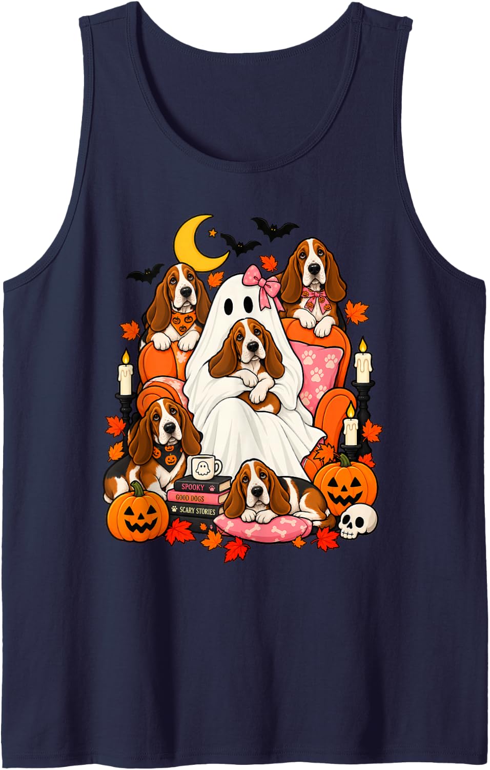 Cute Halloween Dog Mom Ghost Basset Hound Lovers Women Girls Sleeveless Tank Top - Navy Blue