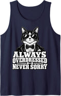 Tuxedo Cat Always Overdressed Never Sorry Kitty Lover Funny Sleeveless Tank Top - Navy Blue