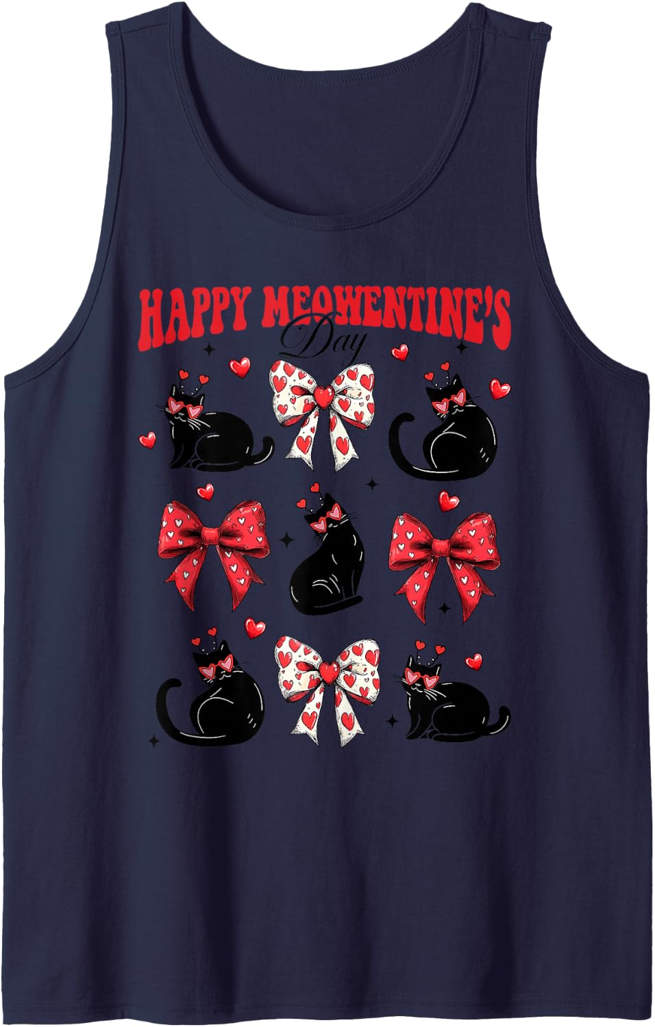 Retro Black Cat Playing Heart Valentines Meowentine's Day Sleeveless Tank Top - Navy Blue