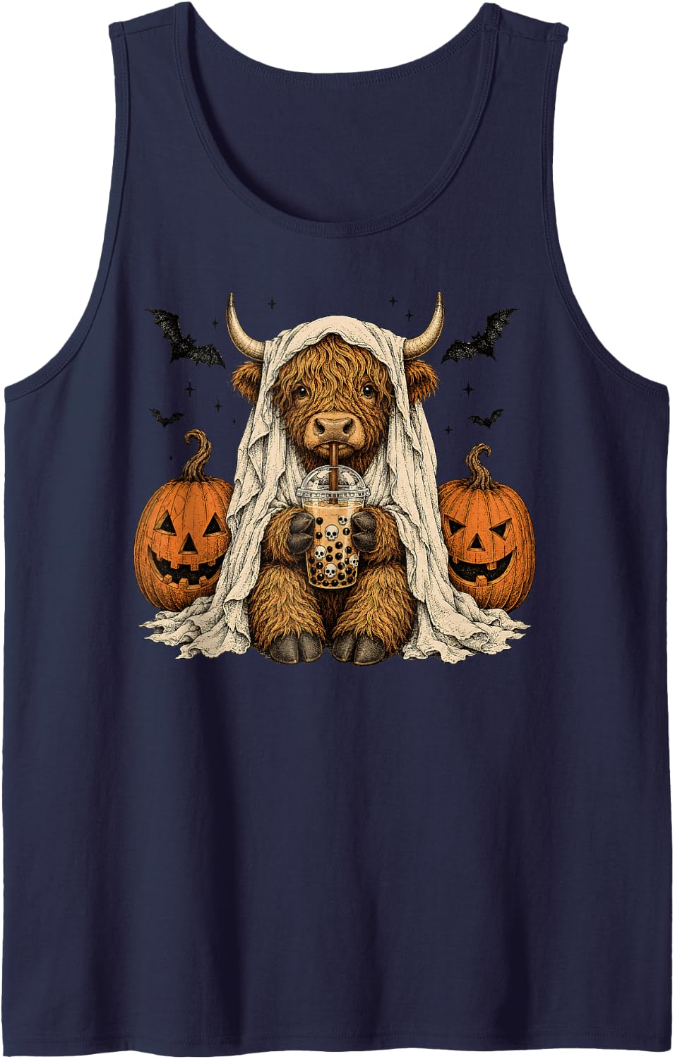 Highland Cow Ghost Boba Tea Halloween Pumpkin Tank Top - Navy Blue