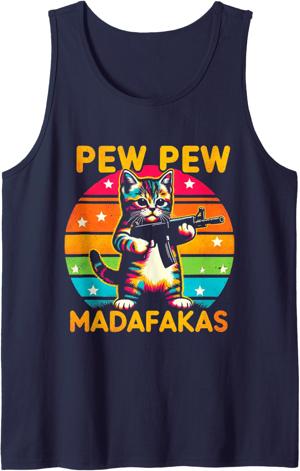 Pew Madafakas Pew Guns Funny Cat Retro Vintage Tank Top - Navy Blue